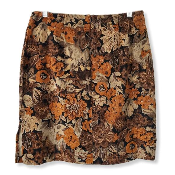 80s Brown Floral Corduroy Mini Skirt M Boho Prairie Cottagecore Goblincore - Picture 4 of 13